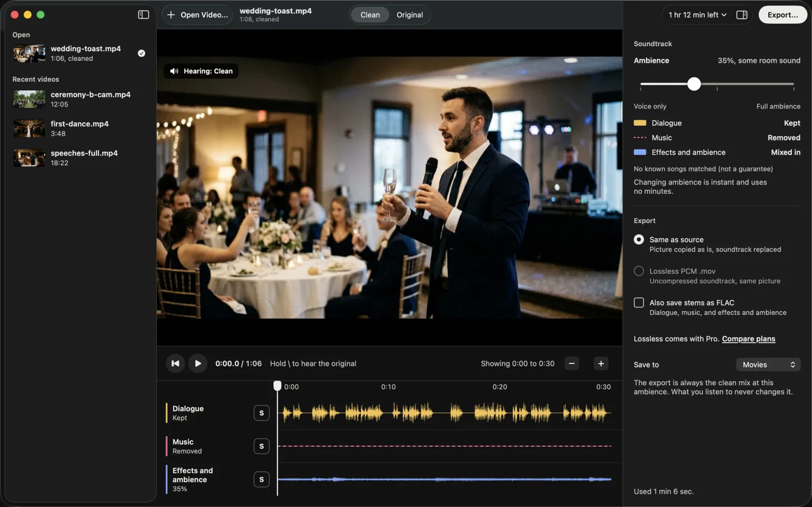 MusicWipe with the wedding toast open and the Ambience slider at 35 percent, between Voice only and Full ambience. Under the picture, the dialogue lane is kept, the music lane is a dashed line and the effects and ambience lane is turned down.