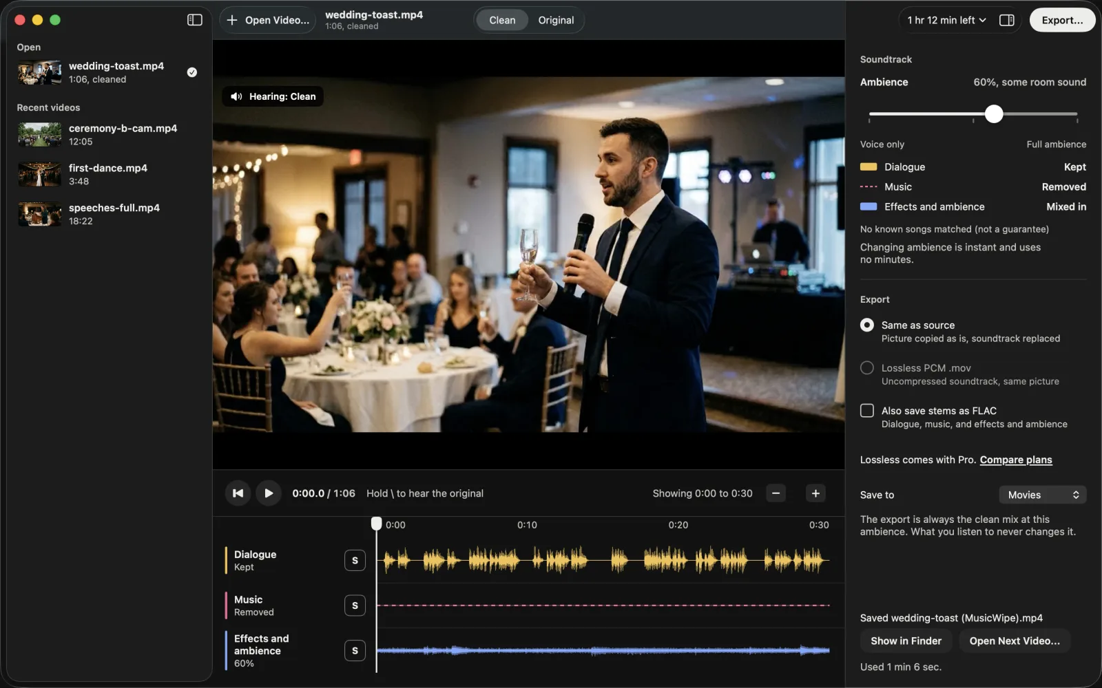 MusicWipe's export panel after saving: Same as source is selected, described as picture copied as is, soundtrack replaced, an option to also save stems as FLAC, and the saved file wedding-toast (MusicWipe).mp4.